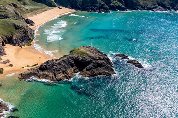 Aerial view of the Murder Hole beach, officially called Boyeeghether Bay in County Donegal, Ireland