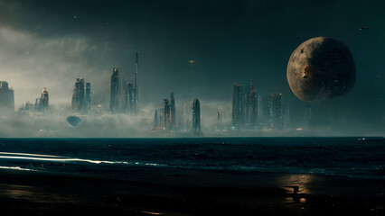 Alien world view from the ocean with moons in the background, futuristic sci fi world, dreamy landscape mind expanding and humans evolving to post humanism  