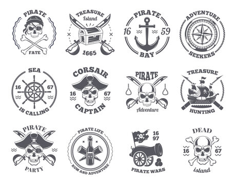 Pirate labels. Marine badges with pirate vintage weapons and elements anchor skull flag exact vector monochrome template with place for text