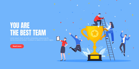 Happy business employee team winners award ceremony flat style design vector illustration. Employee recognition and best worker competition award team celebrating victory winner business concept.