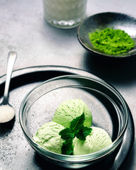 Matcha Ice Cream with Mint Leaf in bright grey background
