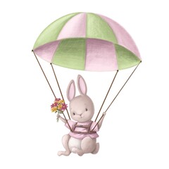 cute hare flying with parachute, watercolor style illustration, holiday clipart