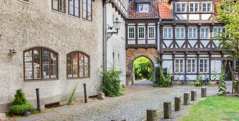 Panorama of a street with old houses in Braunschweig, Germany