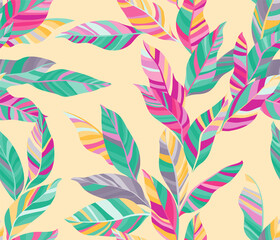 Striped leaves tree branches vector seamless pattern summer fasion textile print design. © SunwArt