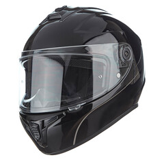 Modern motorcycle helmet made of black glossy carbon fiber, with neck fixation and adjustable air intakes, with a closed glass, isolated on a white background.