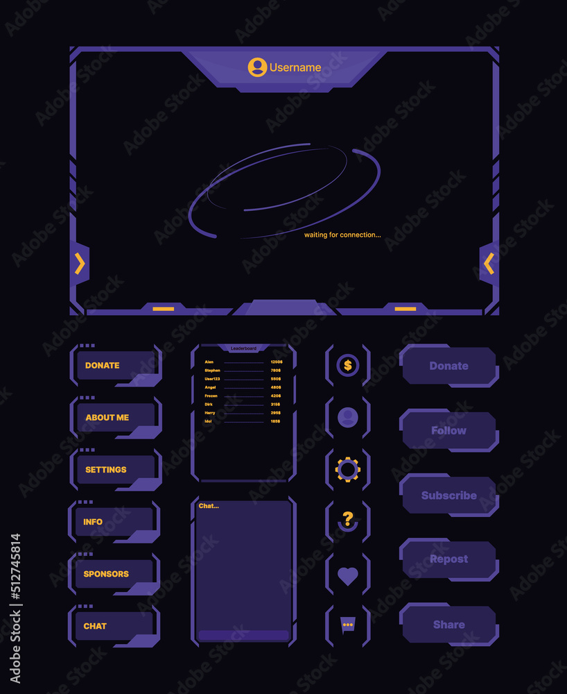 Poster Stream ui templates. Futuristic designs frames and symbols for broadcasting web show stream games garish vector icons and buttons