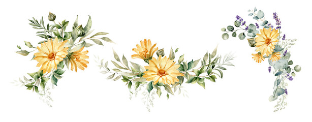 Calendula flower arrangement. Watercolor illustration isolated on white. Floral clipart for wedding invitation, greeting cards, decoration, stationery design. Hand drawn yellow flowers - obrazy, fototapety, plakaty