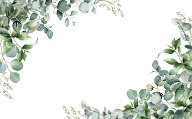 Schilderijen op glas Geschilderde Bloemen Eucalyptus leaves border. Watercolor illustration isolated on white. Greenery clipart for wedding invitation, greeting cards, save the date, stationery design. Hand drawn green herbs  © Nataliya Kunitsyna