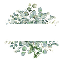 Eucalyptus flower border. Watercolor illustration isolated on white. Greenery clipart for wedding invitation, greeting cards, decoration, stationery design. Hand drawn green herbs © Nataliya Kunitsyna