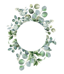 Eucalyptus wreath. Floral frame. Watercolor illustration isolated on white. Greenery clipart for wedding invitation, greeting cards, decoration, stationery design. Hand drawn green herbs