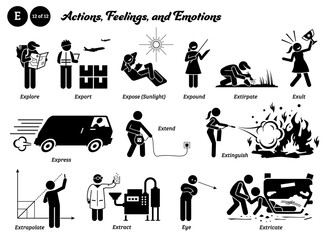 Stick figure human people man action, feelings, and emotions icons alphabet E. Explore, export, expose, expound, extirpate, exult, express, extend, extinguish, extrapolate, extract, eye, and extricate