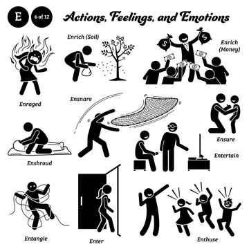 Stick figure human people man action, feelings, and emotions icons alphabet E. Enraged, enrich, enshroud, ensnare, ensure, entertain, entangle, enter, and enthuse.
