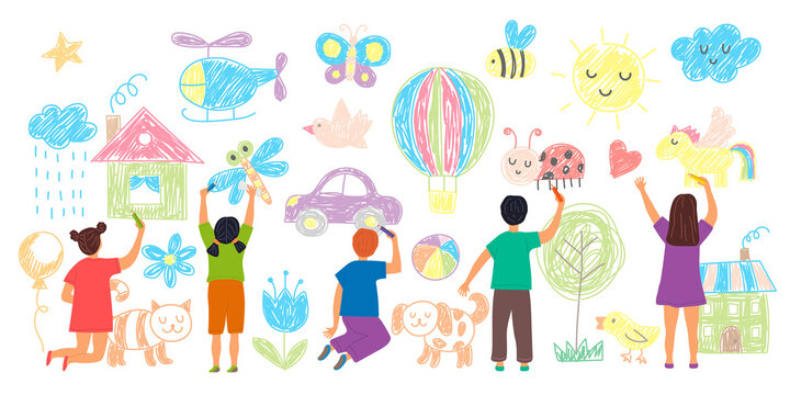 Kids drawing. Funny pencil sketches on wall children drawn cute animals grass house parents animals sun flowers and trees recent vector background