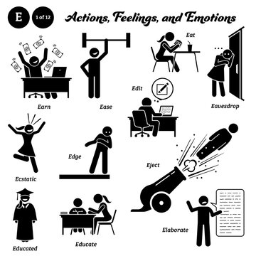 Stick figure human people man action, feelings, and emotions icons alphabet E. Earn, ease, edit, eat, eavesdrop, ecstatic, edge, eject, educated, educate, and elaborate.