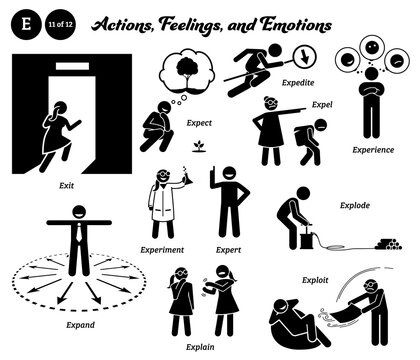 Stick figure human people man action, feelings, and emotions icons alphabet E. Exit, expect, expedite, expel, experience, expand, experiment, expert, explode, explain, and exploit.