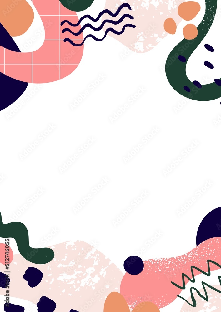 Poster Abstract elements pattern on white background. Modern card design with trendy shapes, waves, grid. Vertical banner with random creative forms, fluid strokes, blobs. Colored flat vector illustration