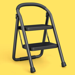 High folding ladder with steps for garden and repair work on yellow background.