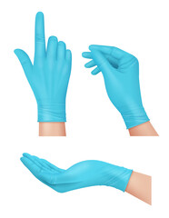 Medical gloves. Blue rubber gloves for doctor hands hospital latex surgeon tools for infection and viruses protection decent vector realistic templates