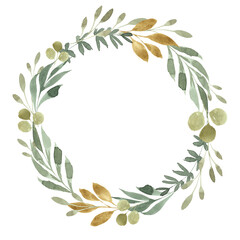 Elegant botanical watercolor wreath with green foliage isolated on white.