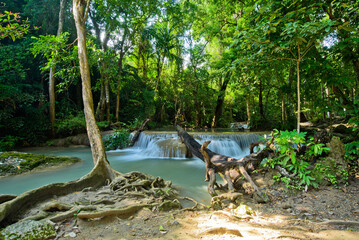 Erawan waterfall at Kanchanaburi , Thailand, beautiful waterfall with forest background
