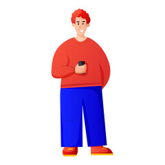 Happy man is holding a smartphone. Person and gadget. Communication in the network. Vector illustration in cartoon style