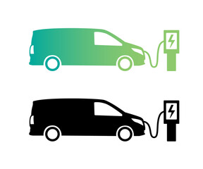 E-van icon. Cargo van plugged in electric charging station. 