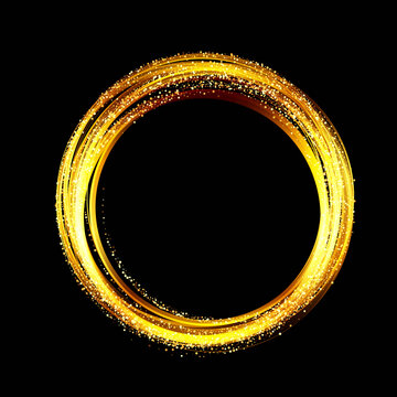 Abstract luxury golden ring. Vector light circles with golden glitter scattered particles. Golden round logo on a black background