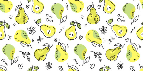 Seamless bright light pattern with Fresh pears for fabric, drawing labels, print on t-shirt, wallpaper of children's room, fruit background. Slices of a pears doodle style cheerful background.