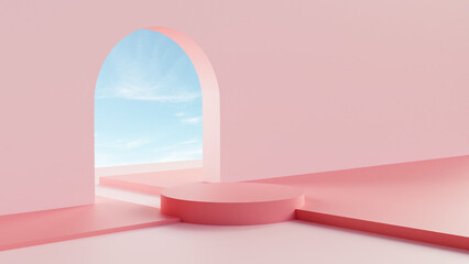 3D render. 3D background products display podium scene with cloud sky geometric platform. stand to show  product. Pink stage showcase on pedestal display blue sky and cloud