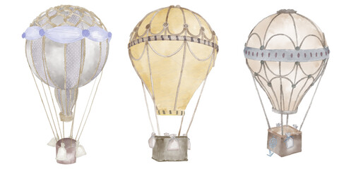 Hand drawn watercolor air balloon set