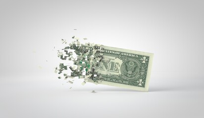 One dollar bill breaking into pieces. Inflation and recession concept. 3D Rendering