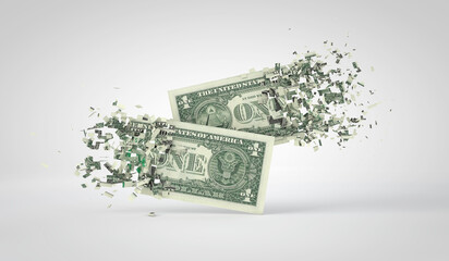 One dollar bill breaking into pieces. Inflation and recession concept. 3D Rendering - obrazy, fototapety, plakaty