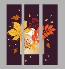 Set autumn bookmarks. Hello autumn. Autumn leaves and rowan berry branch in envelope.