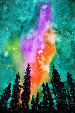 abstract background with rainbow color aurora in the night sky