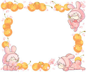 桜色のうさぎ　さくらんぼと桜フレーム　イエローver