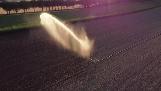 Beautiful Aerial View of irrigation System in Agricultural Field, Machinery Spraying Water on Land Soil, Farm in the Countryside of Cingoli, Italy