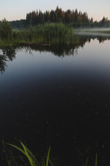 summer evening twilight view on picturesque plain lake surface with reflections of sky and trees