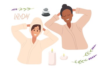 Two happy woman best friends on Lazy Day. Smiling African-American and caucasian women resting. Hand drawn portraits. Spa skin care treatment of girlfriends in bathrobe isolated on white background