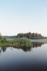 Fototapeta na wymiar summer evening twilight view on picturesque plain lake surface with reflections of sky and trees