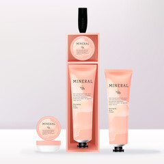 Vector Beauty Ribbon Hanger Gift Box Packaging with Cosmetic Hand Cream Tube, Fragrance or Moisturizer Spray or Mini Lip Balm Jar. Pink Abstract Print Pattern.	
