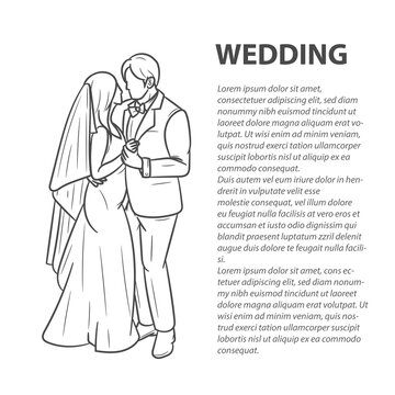 Drawing line art doodle wedding, bride, couple, love, celebration, romantic. Outline wedding.