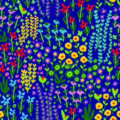 Fototapeta premium Abstract Hand Drawing Ditsy and Mixed Retro Flowers Branches and Leaves Seamless Vector Pattern Isolated Background