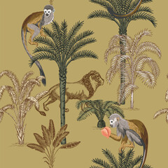 Fototapety  Tropical ink drawn palm trees,  giraffe, monkey animal summer floral seamless pattern. African safari wallpaper.
