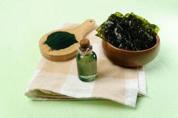 Alternative seaweed oil, spirulina. Selective focus. Healthy ingredient with Algae Seaweeds © Алексей Филатов