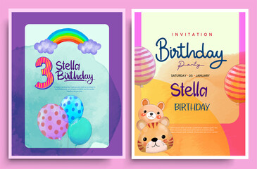 Happy Birthday greeting cards and poster watercolor design sets with balloon, confetti and gift box, design template for birthday celebration.