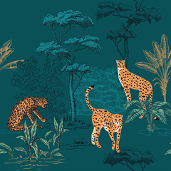 Fototapeta premium Safari ink drawn palm trees, leopard animal summer floral seamless pattern. African savanna wallpaper.