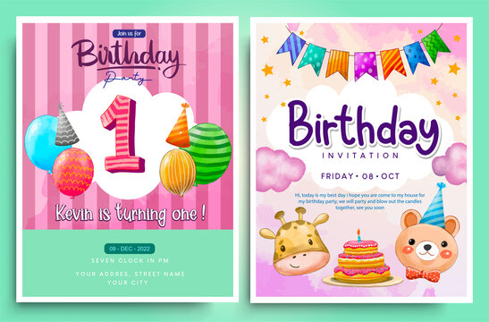Happy Birthday greeting cards and poster watercolor design sets with balloon, confetti and gift box, design template for birthday celebration.