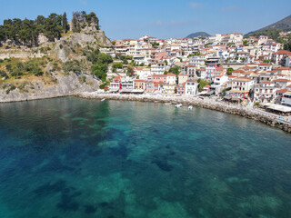 Drone view at the touristic village of Parga in Greece