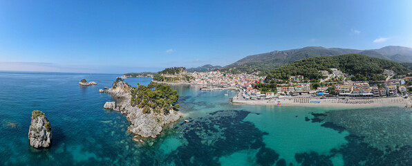 Drone view at the touristic village of Parga in Greece - obrazy, fototapety, plakaty
