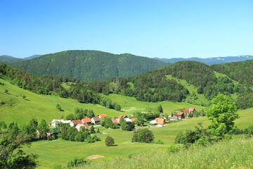 Fototapeta na wymiar Mountain village in green landscape. Panoramic view. Begovo razdolje in Gorski kotar area, Croatia.